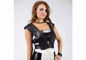Leather sleeveless waistcoat with front button closure and chiffon V-back design.