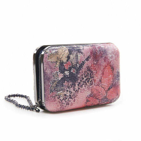 Floral-print sequin Marina Clutch Bag with zip and wristlet chain.
