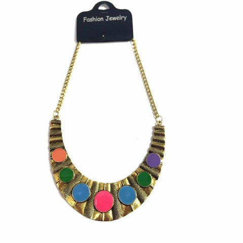 Multicoloured gemstone necklace on gold hardware.