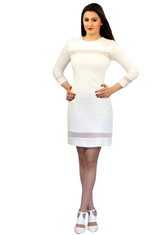 Nadia Bonded Lace Dress in white, above knee, fitted with mesh detail.