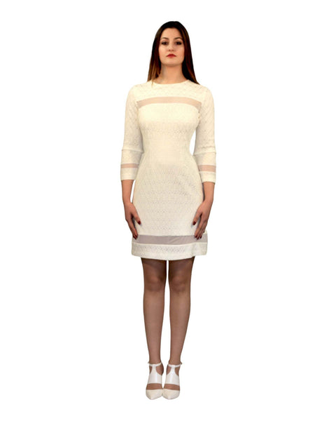 Nadia Bonded Lace Dress in white with mesh detail, above knee length, elegant fitted design.