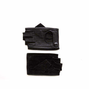 Black Nicky Gloves made of leather and split leather with decorative backstitching.