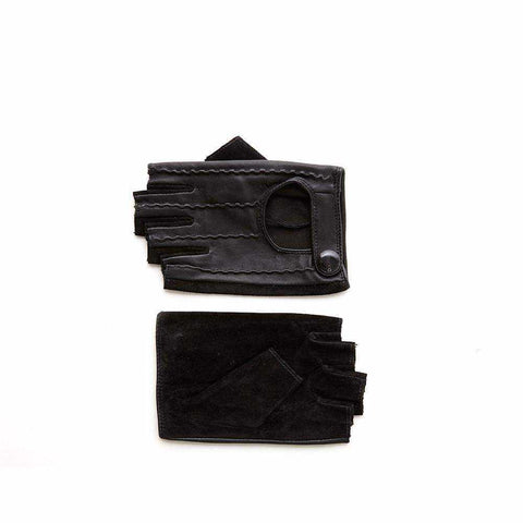 Black Nicky Gloves made of leather and split leather with decorative backstitching.