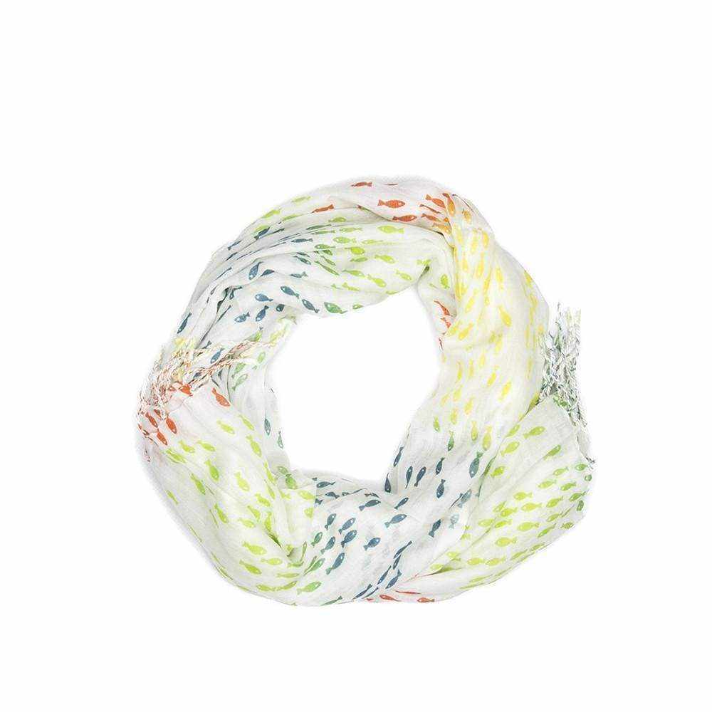 Ombre Fish Scarf with multicolored fish print and tassel detail.