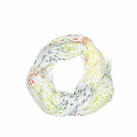 Ombre Fish Scarf with multicolored fish print and tassel detail.