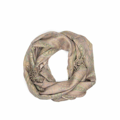 Paisley print scarf with tassel trim.