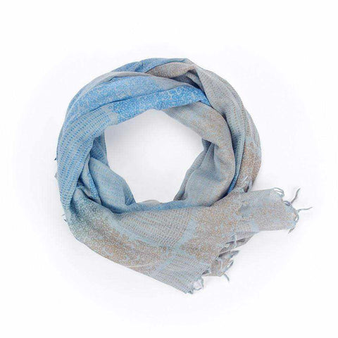 Blue patterned square print scarf with tassel trim by Abbacino.