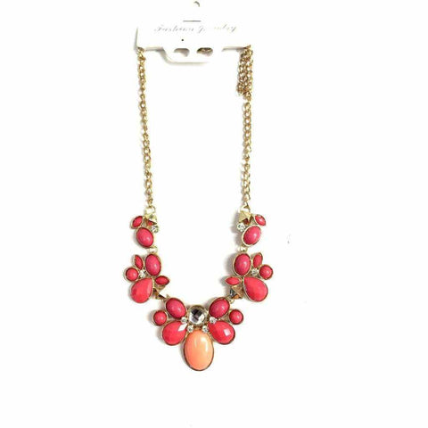 Pink floral stone necklace with gold metal chain.