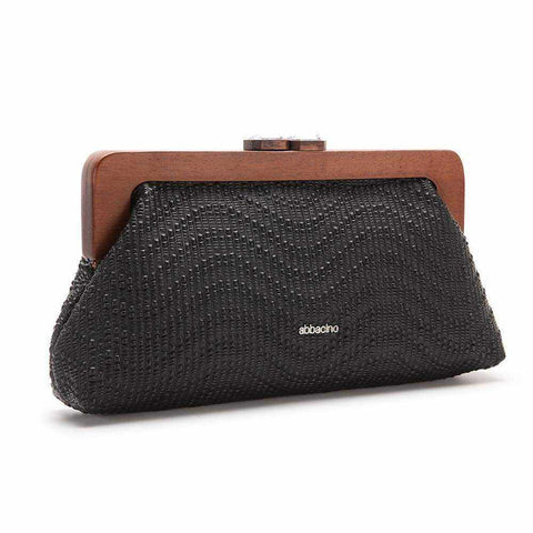 Rectangular Salines Clutch Bag with wooden clasp and textured leather in black.