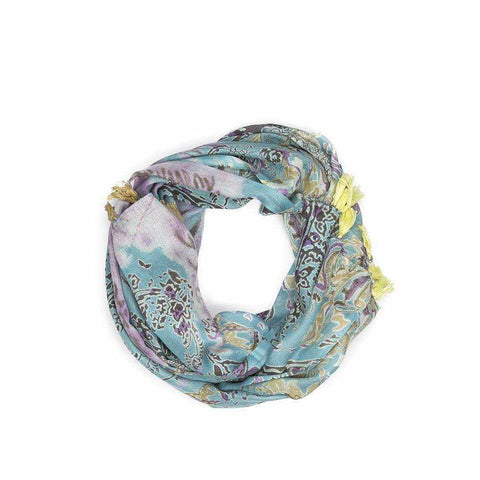 Tie Dye Mixed Print Scarf with paisley design and yellow tassel trim.