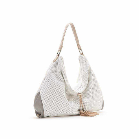 Turqueta Hobo Bag with mesh design, soft leather strap, and plated tassel.