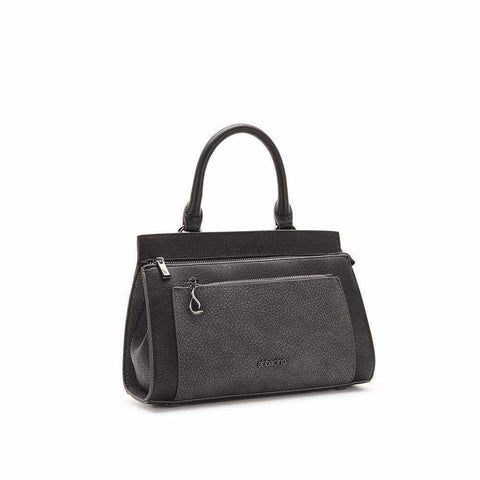 Two-tone lady bag with granulated and smooth materials, front pocket, hand strap, and metallic Abbacino swallow decoration.