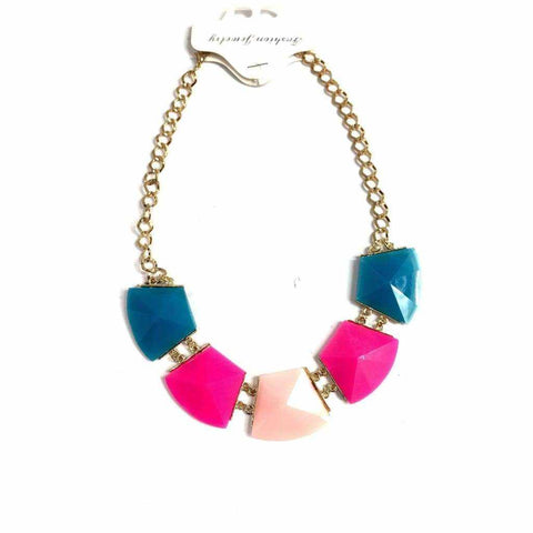 Vibrant stone necklace with colorful stones and gold metal chain.