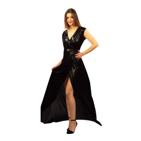Wrap metallic black dress with a shimmering finish, perfect for a glamorous evening look.